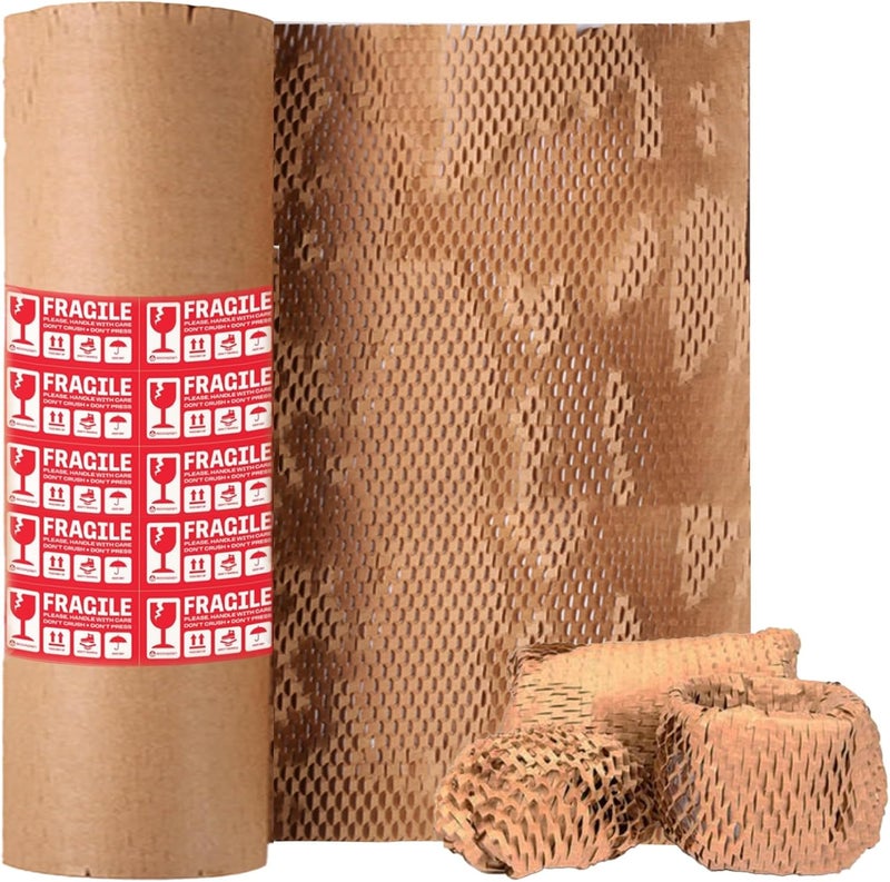Qtheaes Honeycomb Packing Paper, 15"x300' Eco Friendly Packing Paper for Moving Recyclable Shipping Supplies Bubble Paper Wrapping Protective Roll, With 24 Fragile Sticker Labels - Image 1